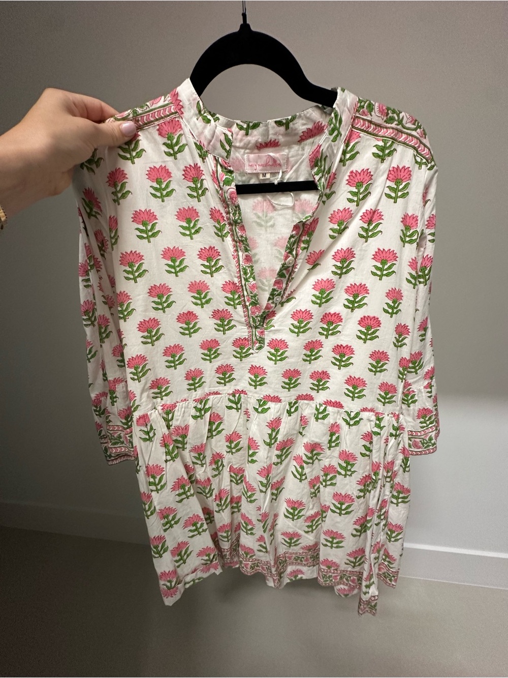 White Floral Print Tunic Top with Pink & Green Motif